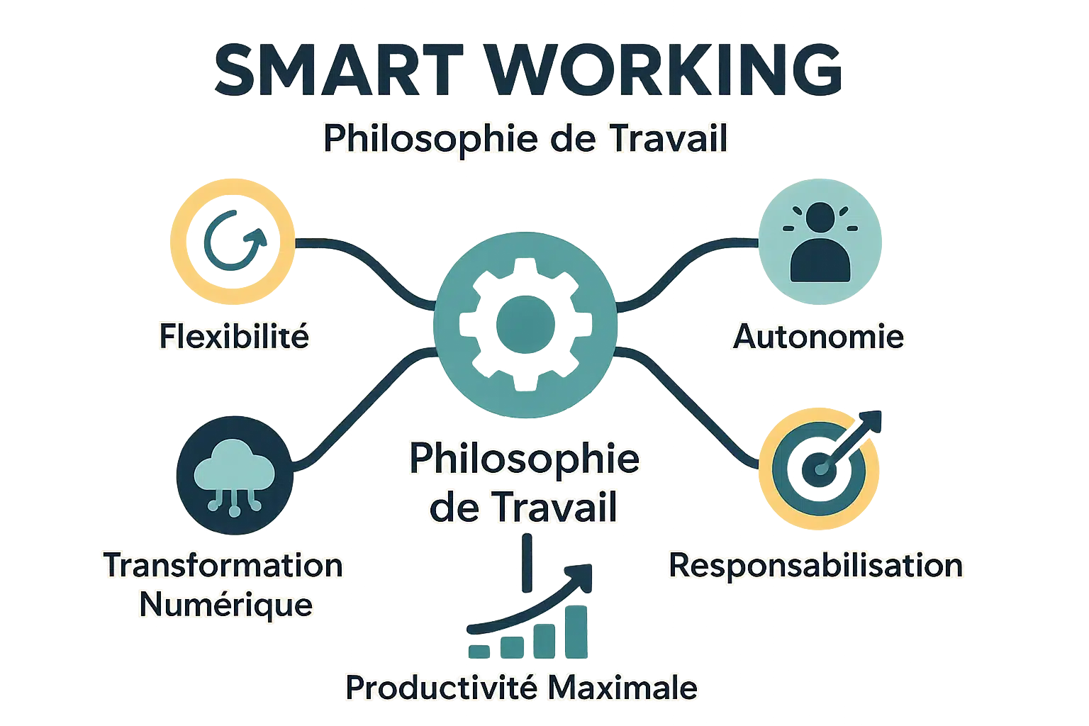 Infographie des 4 piliers du smart working : flexibilité, collaboration, bien-être, résultats