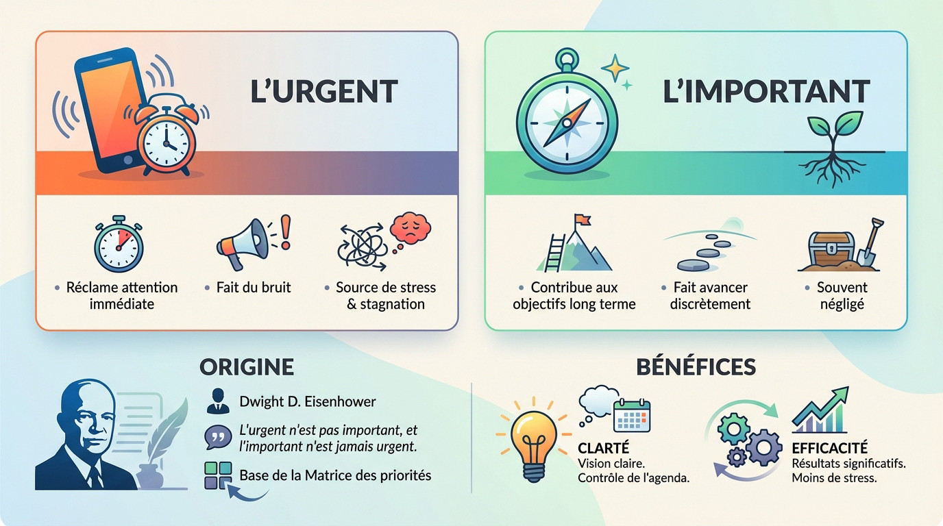 Infographie illustrant la différence entre une tâche urgente et une tâche importante dans la matrice Eisenhower
