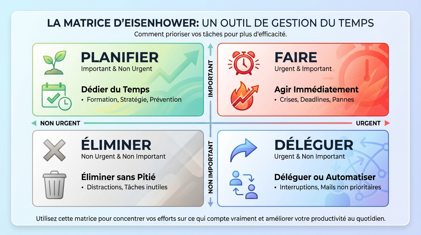Schéma explicatif des 4 quadrants de la matrice Eisenhower pour gérer urgence et importance