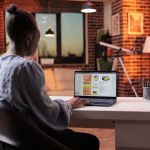 Femme analysant un tableau de bord de données sur son ordinateur portable, le soir, depuis son domicile